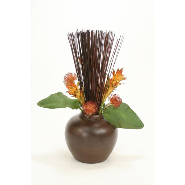 Distinctive Designs Home Decor Bird of Paradise Leaves, Cane Reeds in Fat Brown Vase - CLOSEOUT