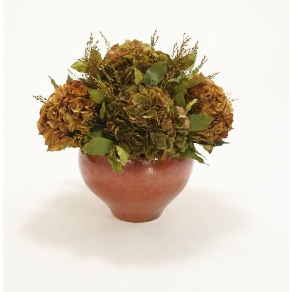 Distinctive Designs Home Decor Burgundy Brown & Green Brown Hydrangeas in Copper Ceramic Bowl