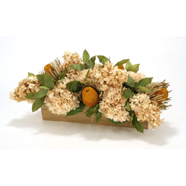 Distinctive Designs Home Decor Cream and Ivory Hydgrangea Mix in Sierra Oak Wood Box