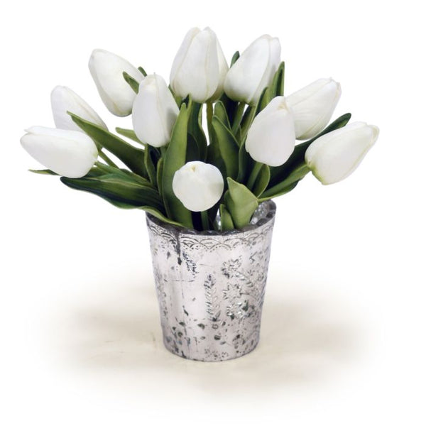 Distinctive Designs Home Decor Mini White Tulips in Silver Votive (Set of 2)