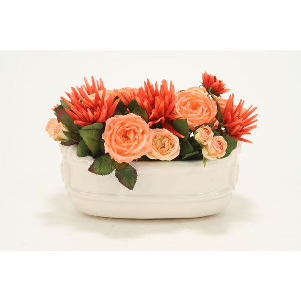 Distinctive Designs Home Decor Red Orange Dahlias and Peach Roses in White Ceramic