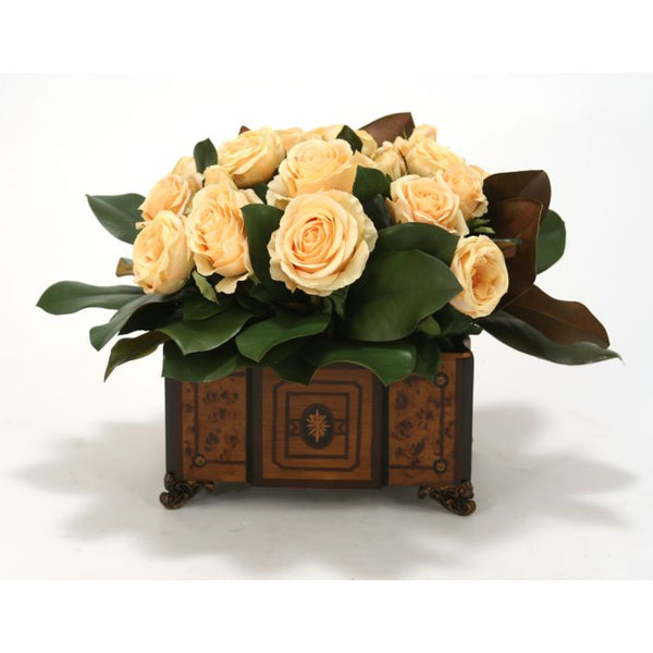 Distinctive Designs Home Decor Yellow Roses, Magnolia Foliage in Chocolate Brown Wood Plante