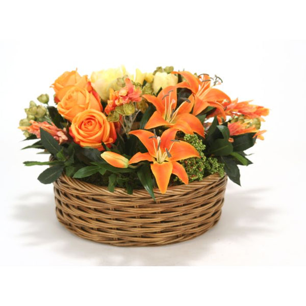 Distinctive Designs Home Decor Yellow Tulips, Orange Lillies and Ranunculus Mix in Apple Basket