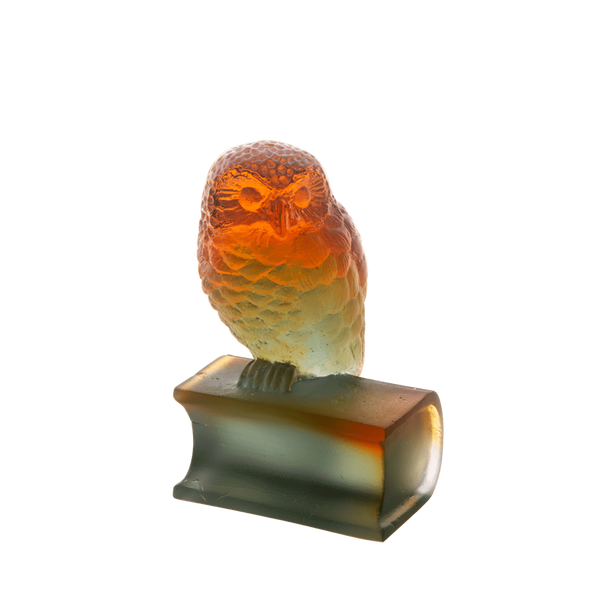 Daum Art Glass Daum Crystal Amber Grey Owl On Book