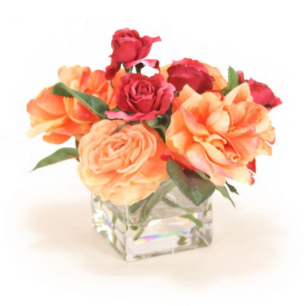 Peach and Burgundy Rose Mix in Glass