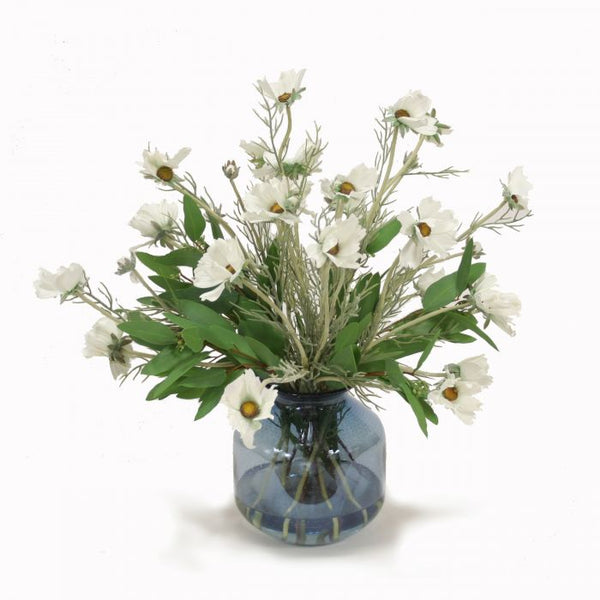 White Cosmos with Eucalyptus in Blue Vase