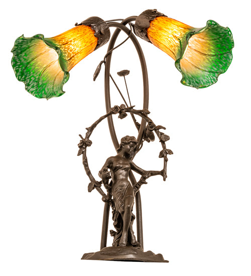 17" High Amber/Green Tiffany Pond Lily 2 Light Trellis Girl Accent Lamp