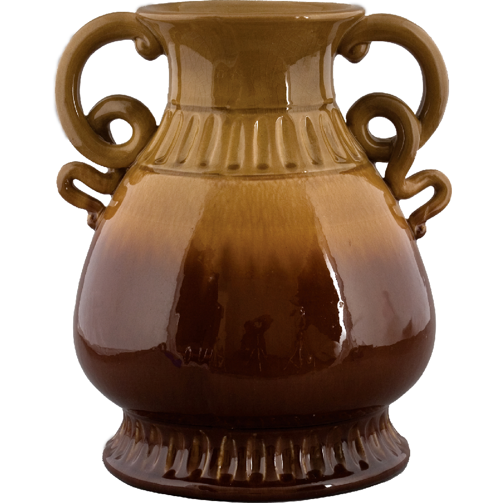 Danny's Fine Porcelain A10-257a 12.5x11.5x14.25 Round Vase W/Handle -Yellow/Brown