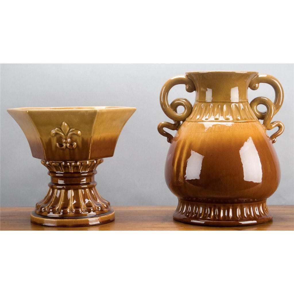 Danny's Fine Porcelain A10-257a 12.5x11.5x14.25 Round Vase W/Handle -Yellow/Brown