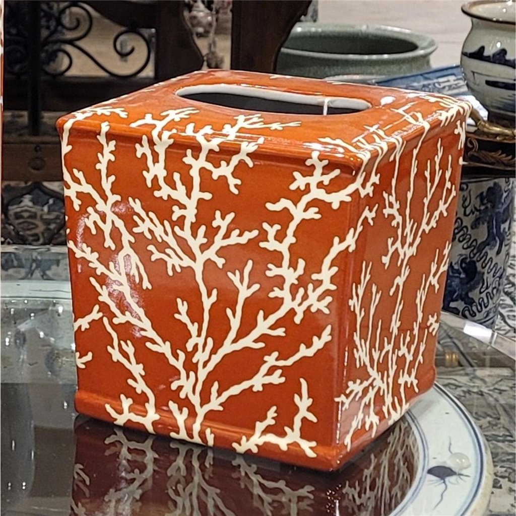 Danny's Fine Porcelain 6"l X 6w X 6h Porcelain Tissue Box - Orange Coral