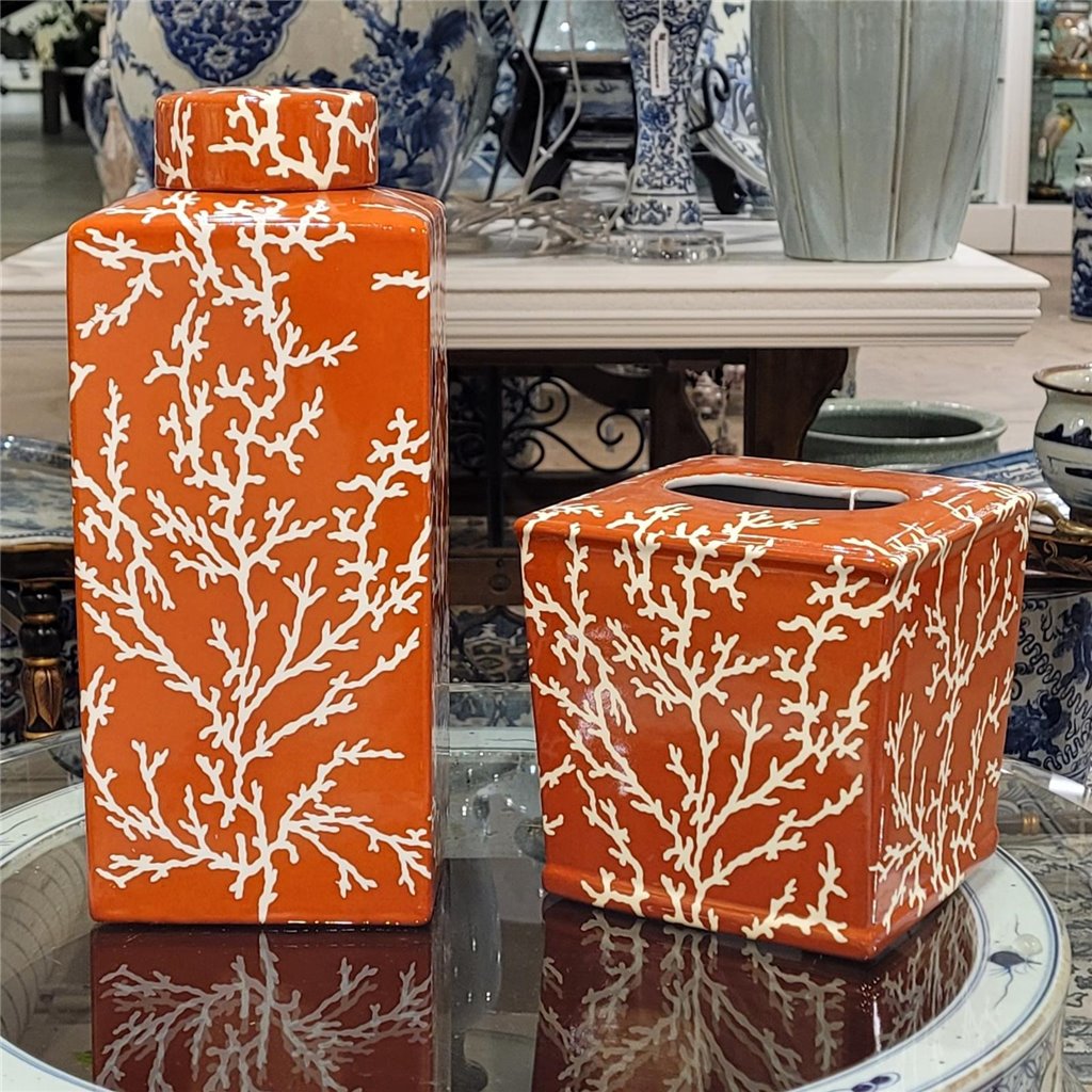 Danny's Fine Porcelain 6"l X 6w X 6h Porcelain Tissue Box - Orange Coral