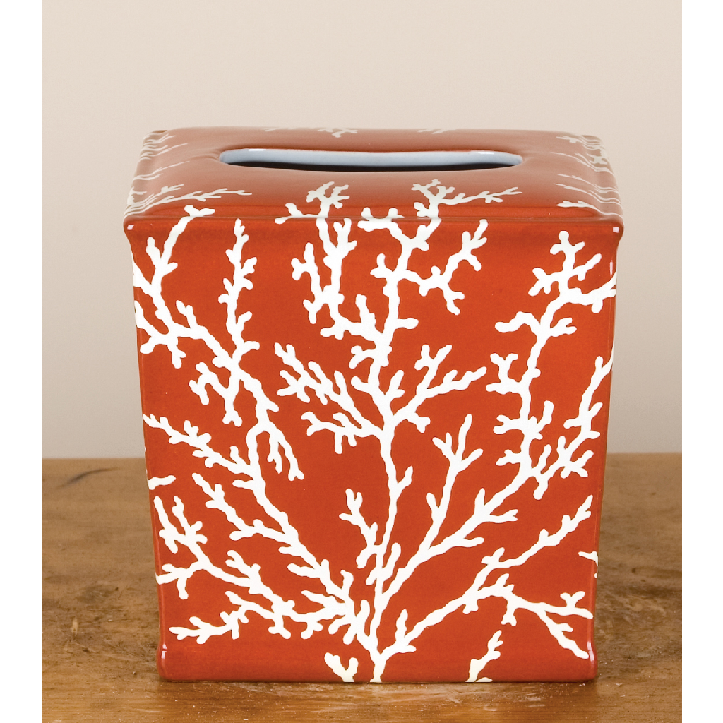Danny's Fine Porcelain 6"l X 6w X 6h Porcelain Tissue Box - Orange Coral