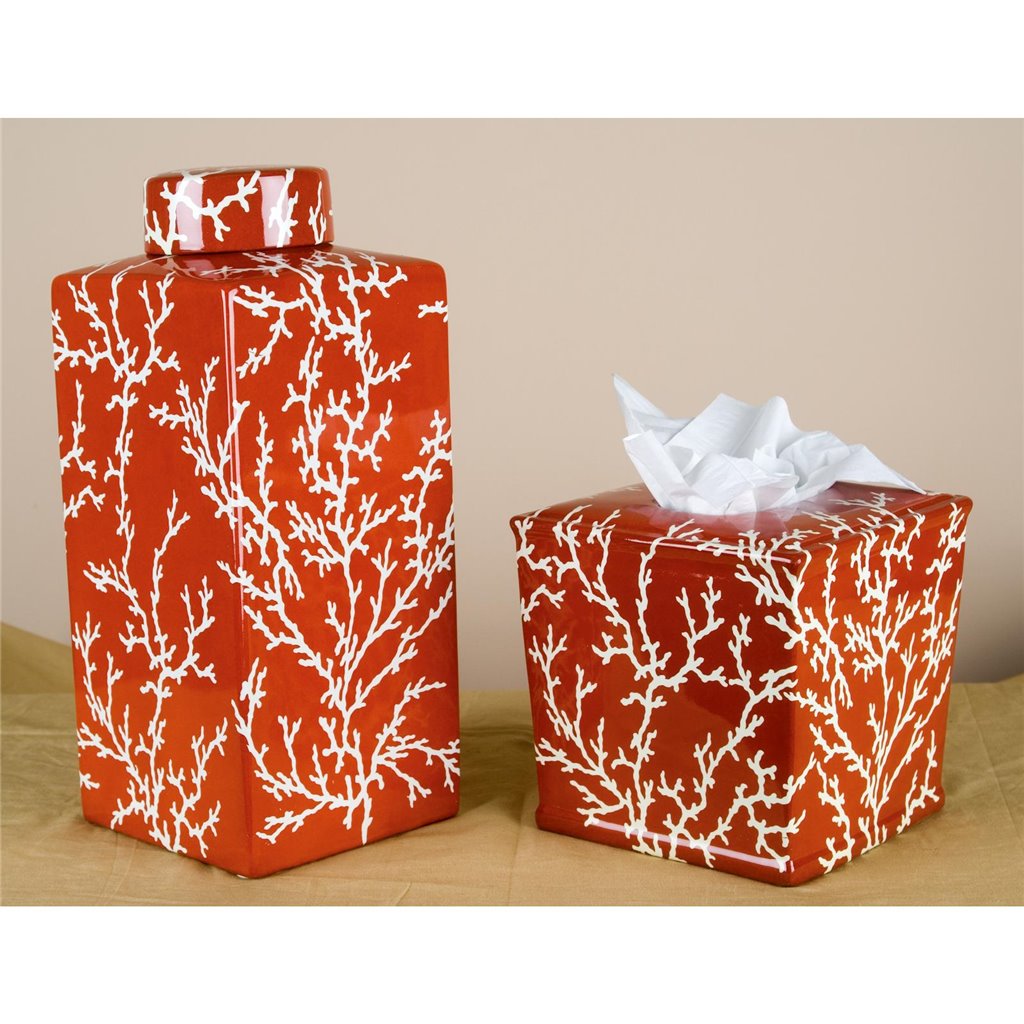 Danny's Fine Porcelain 6"l X 6w X 6h Porcelain Tissue Box - Orange Coral