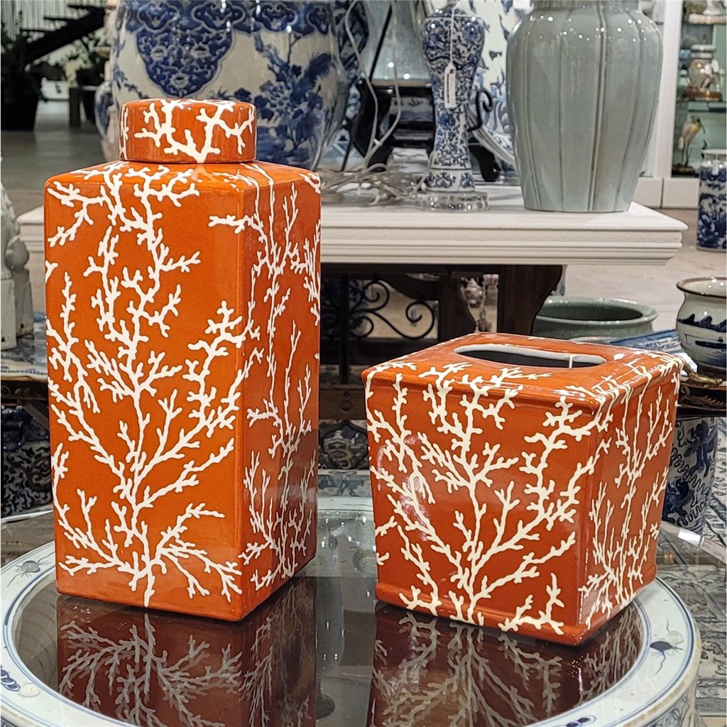 Danny's Fine Porcelain 6"l X 6w X 6h Porcelain Tissue Box - Orange Coral