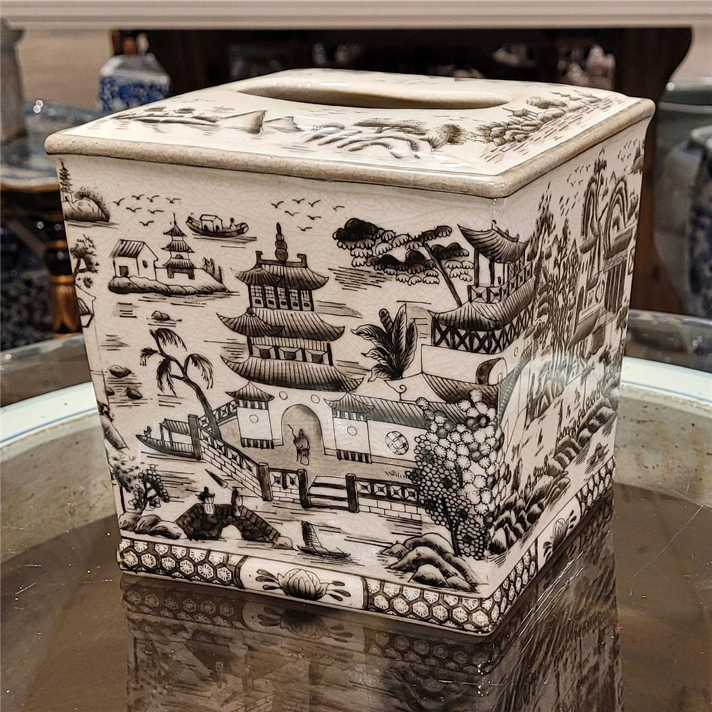 Danny's Fine Porcelain Tissue Box - Black and White Willow