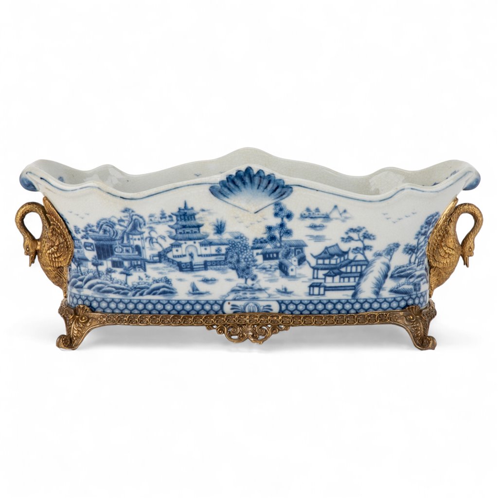 Danny's Fine Porcelain Porcelain Elongated Planter with Swan Bronze Ormolu - Blue Willow
