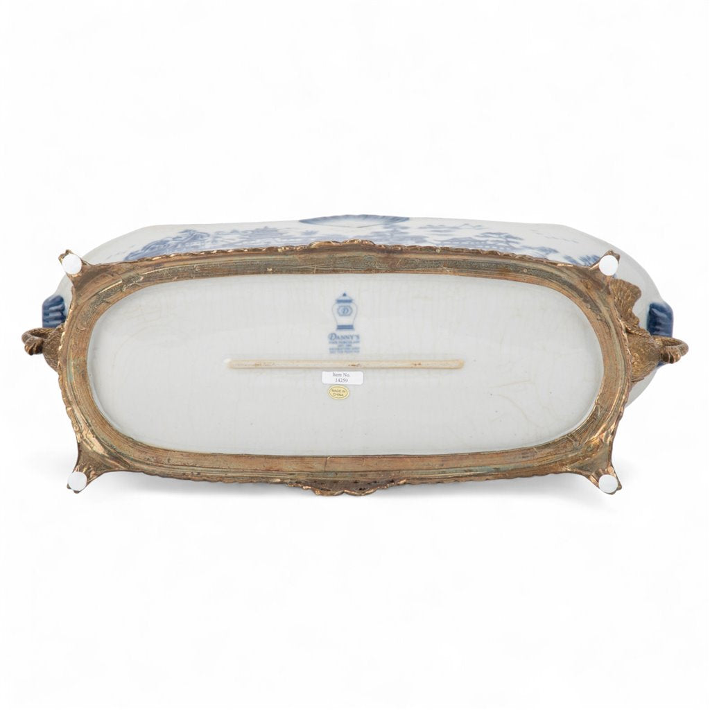 Danny's Fine Porcelain Porcelain Elongated Planter with Swan Bronze Ormolu - Blue Willow