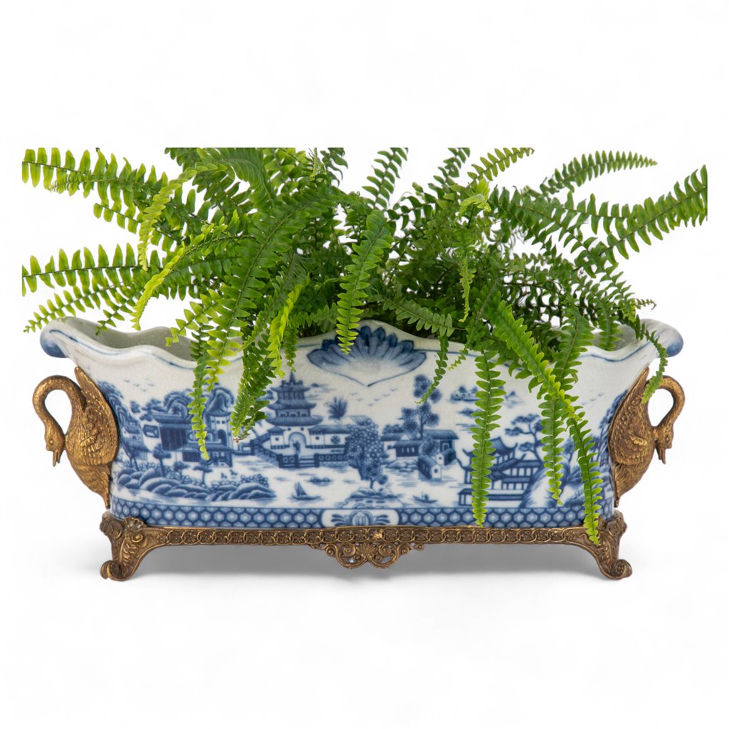 Danny's Fine Porcelain Porcelain Elongated Planter with Swan Bronze Ormolu - Blue Willow