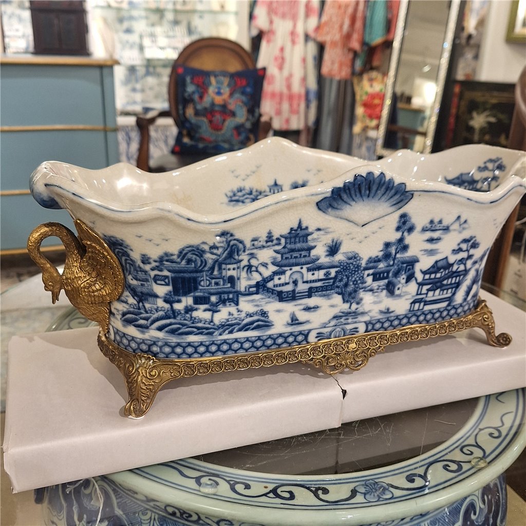 Danny's Fine Porcelain Porcelain Elongated Planter with Swan Bronze Ormolu - Blue Willow
