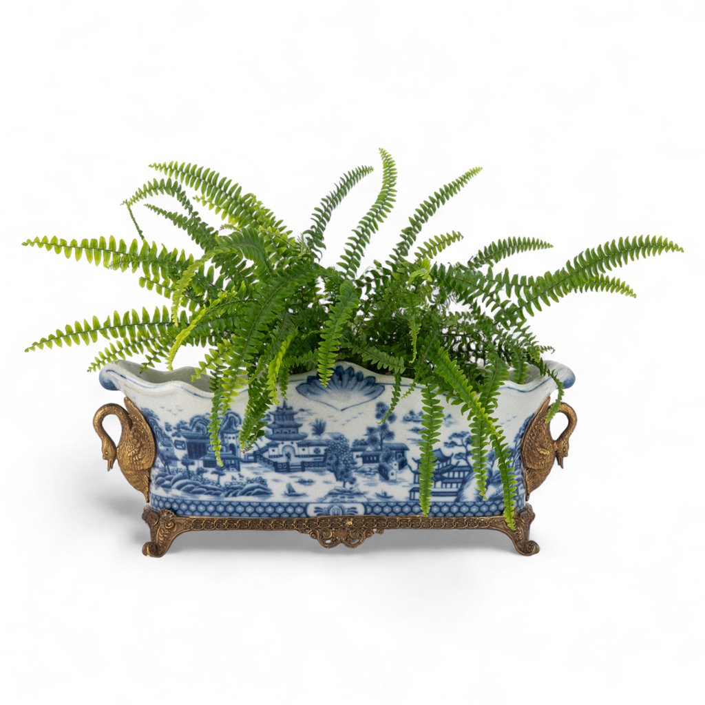 Danny's Fine Porcelain Porcelain Elongated Planter with Swan Bronze Ormolu - Blue Willow