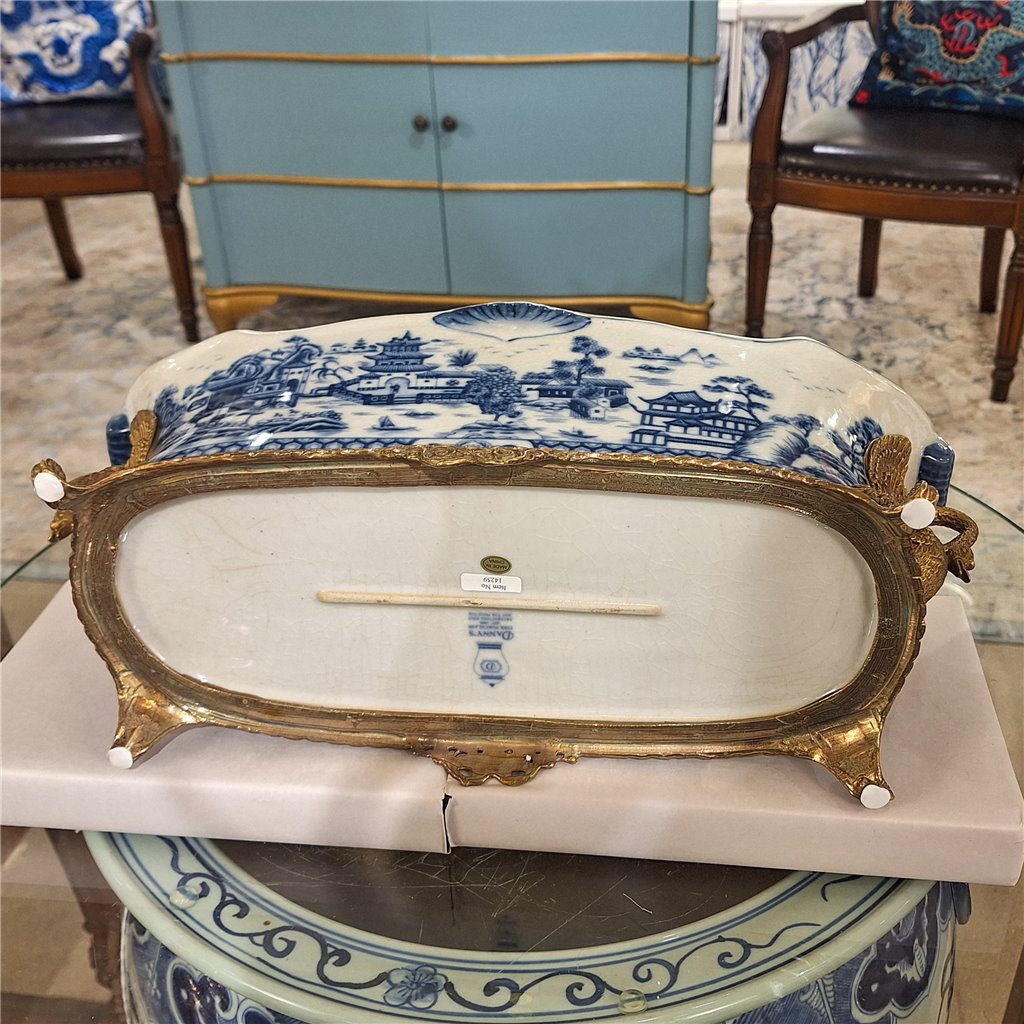 Danny's Fine Porcelain Porcelain Elongated Planter with Swan Bronze Ormolu - Blue Willow