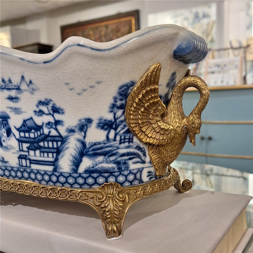 Danny's Fine Porcelain Porcelain Elongated Planter with Swan Bronze Ormolu - Blue Willow