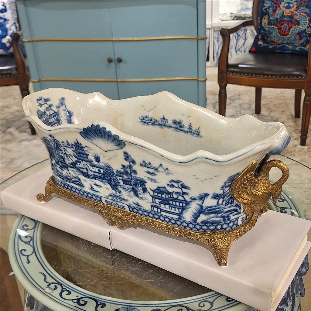 Danny's Fine Porcelain Porcelain Elongated Planter with Swan Bronze Ormolu - Blue Willow