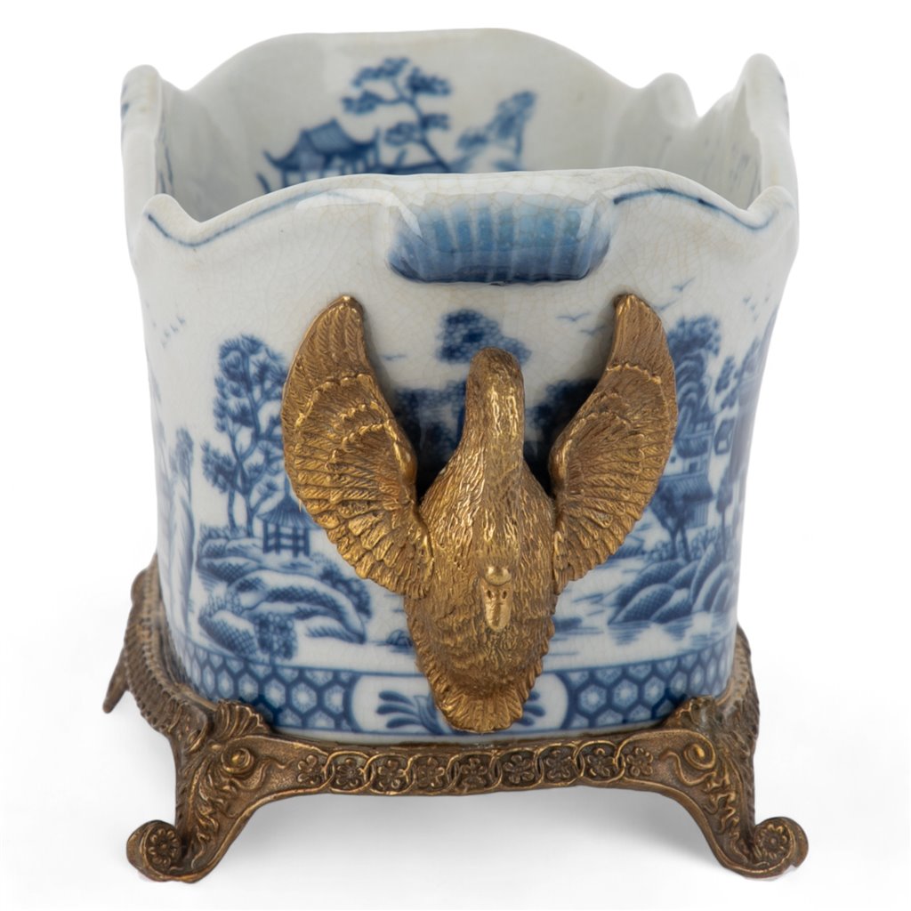 Danny's Fine Porcelain Porcelain Elongated Planter with Swan Bronze Ormolu - Blue Willow