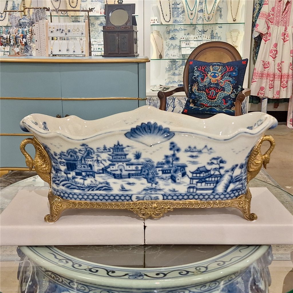 Danny's Fine Porcelain Porcelain Elongated Planter with Swan Bronze Ormolu - Blue Willow