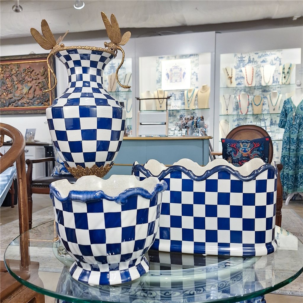 Danny's Fine Porcelain Planter - Blue & White Checker