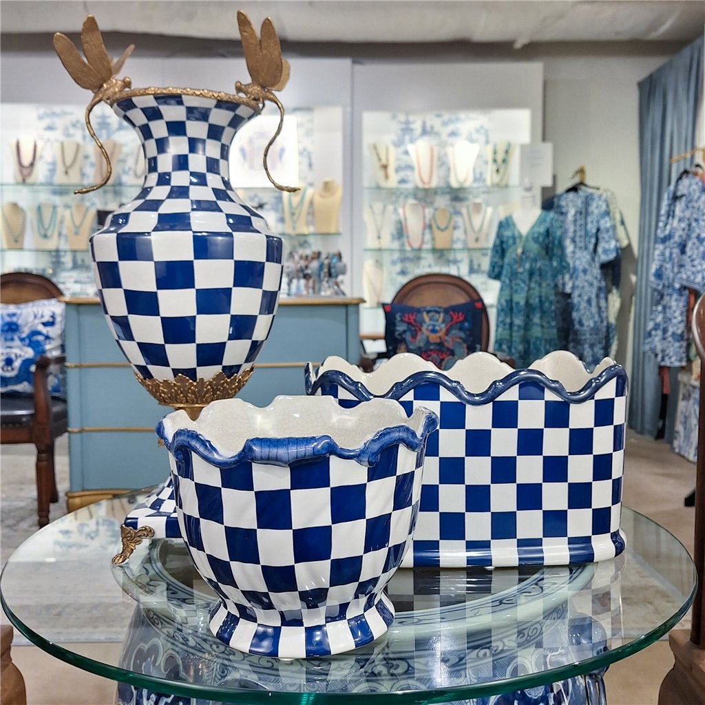 Danny's Fine Porcelain Planter - Blue & White Checker