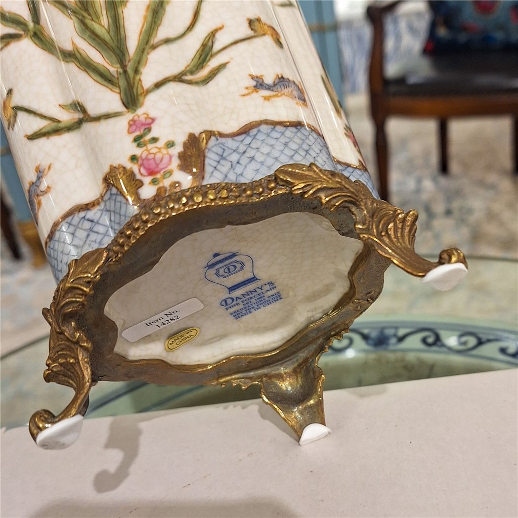 Danny's Fine Porcelain Porcelain Vase with Bronze Ormolu Dragonfly - Satin Grass