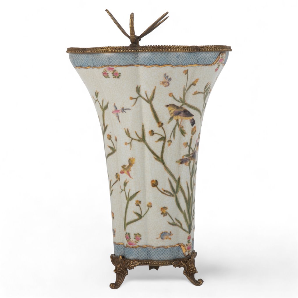 Danny's Fine Porcelain Porcelain Vase with Bronze Ormolu Dragonfly - Satin Grass