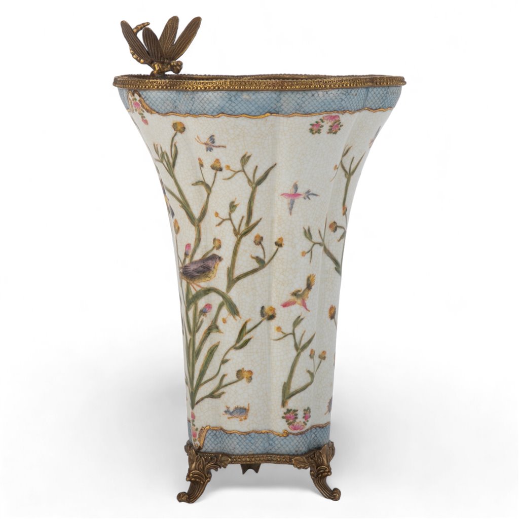 Danny's Fine Porcelain Porcelain Vase with Bronze Ormolu Dragonfly - Satin Grass