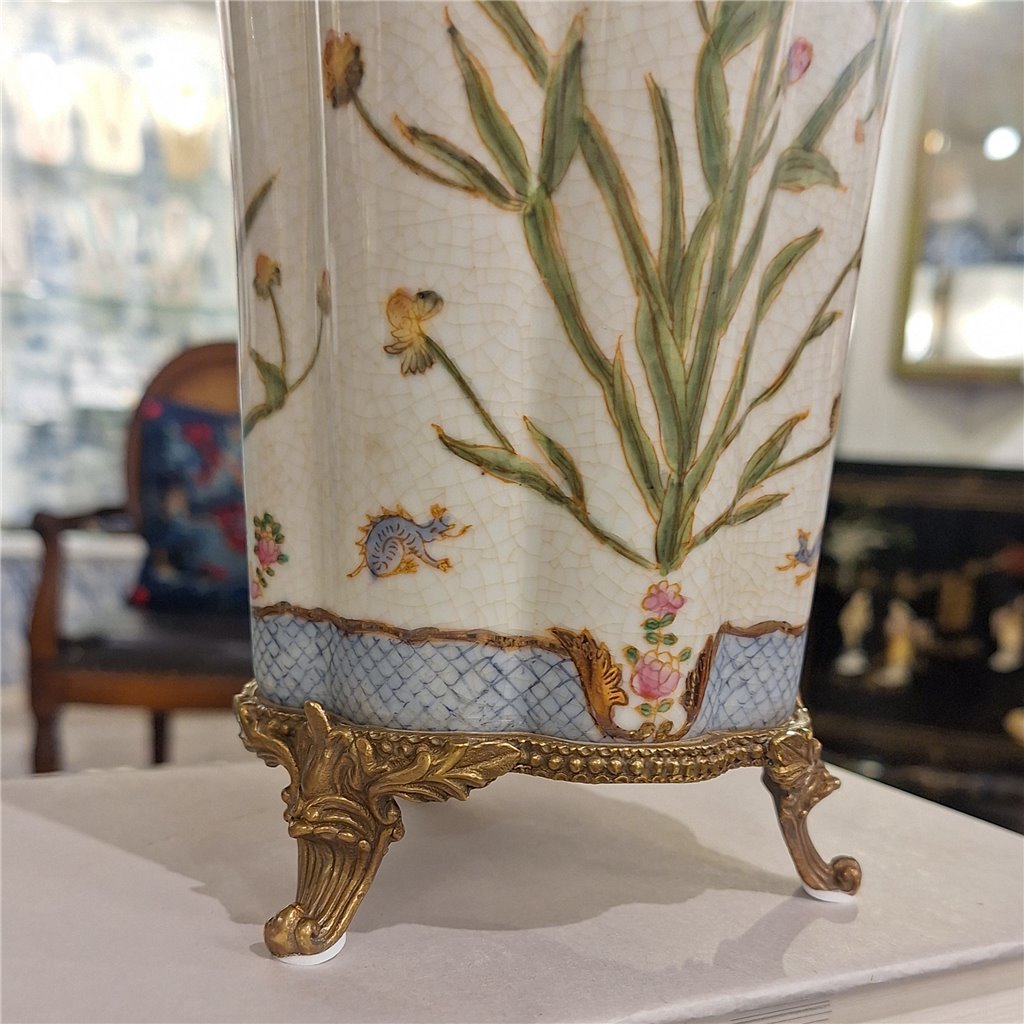 Danny's Fine Porcelain Porcelain Vase with Bronze Ormolu Dragonfly - Satin Grass