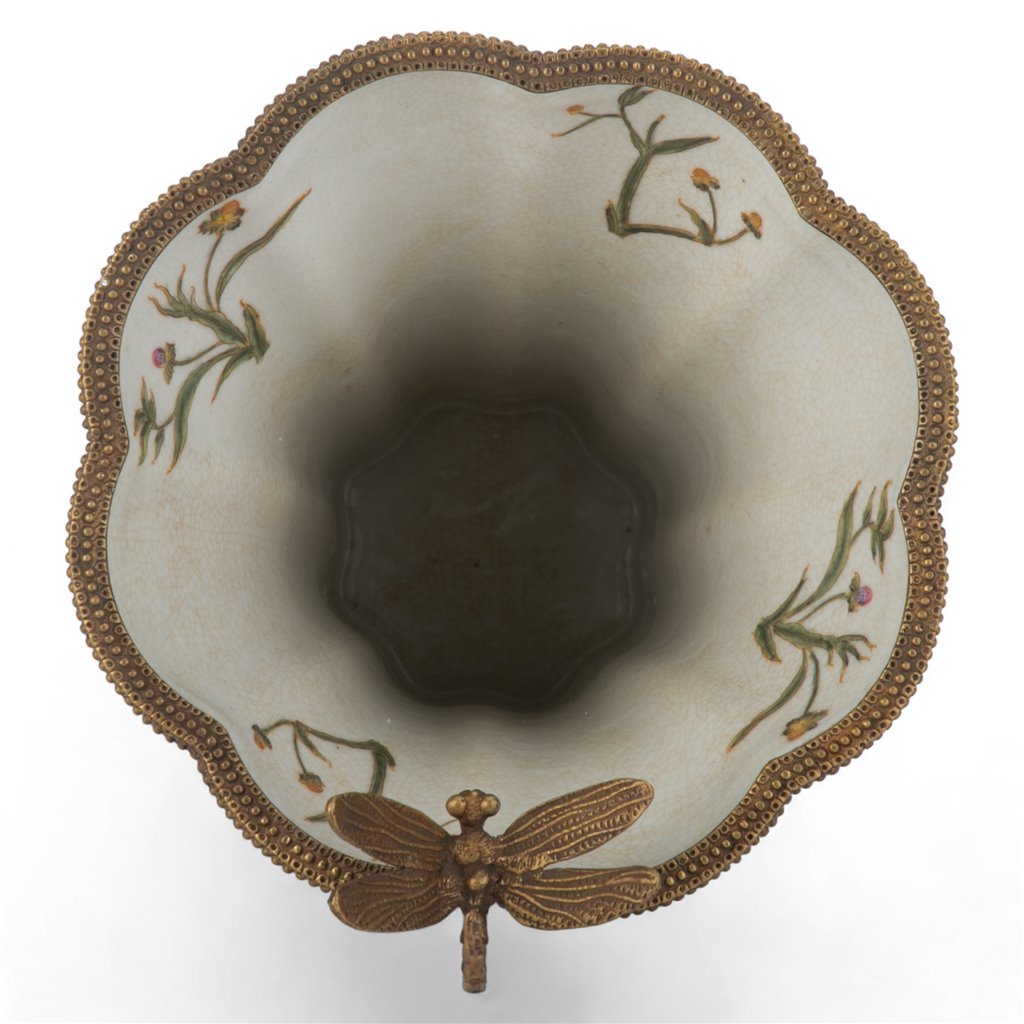 Danny's Fine Porcelain Porcelain Vase with Bronze Ormolu Dragonfly - Satin Grass
