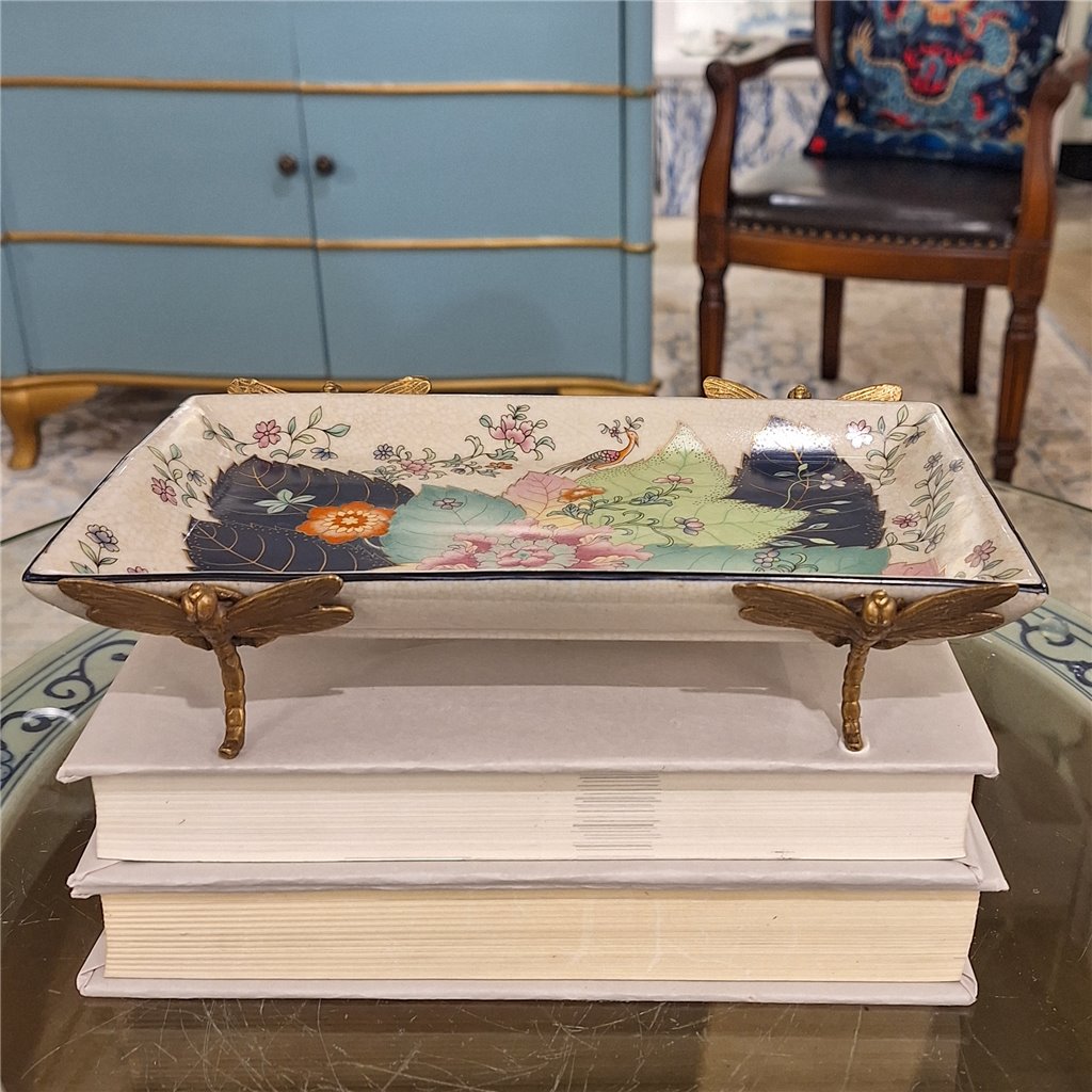 Danny's Fine Porcelain Porcelain Tray with Bronze Dragonfly - Tobacco Leaf