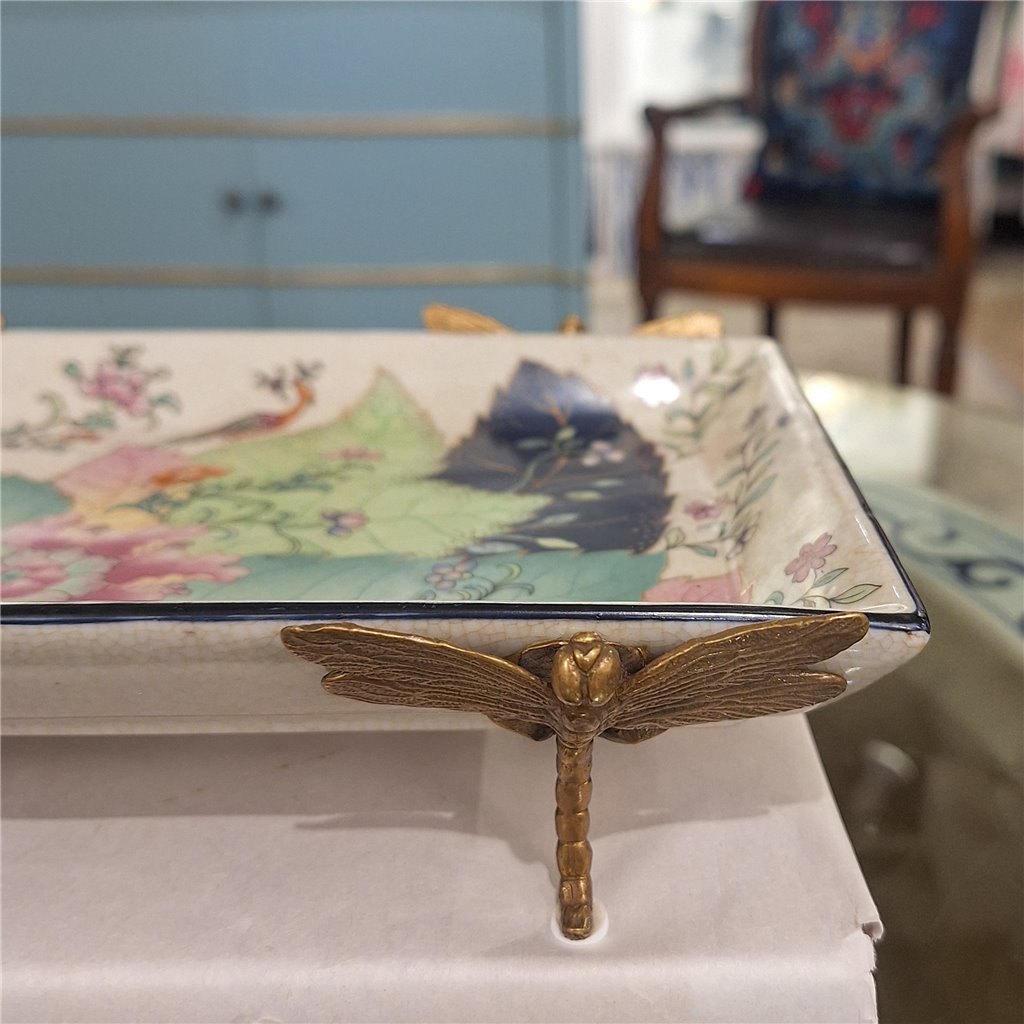 Danny's Fine Porcelain Porcelain Tray with Bronze Dragonfly - Tobacco Leaf