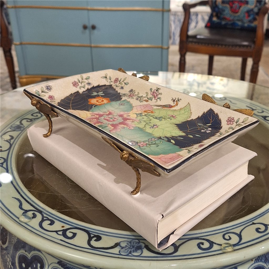 Danny's Fine Porcelain Porcelain Tray with Bronze Dragonfly - Tobacco Leaf