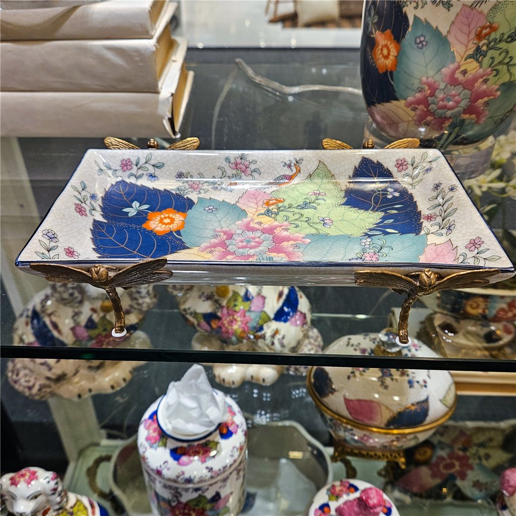 Danny's Fine Porcelain Porcelain Tray with Bronze Dragonfly - Tobacco Leaf