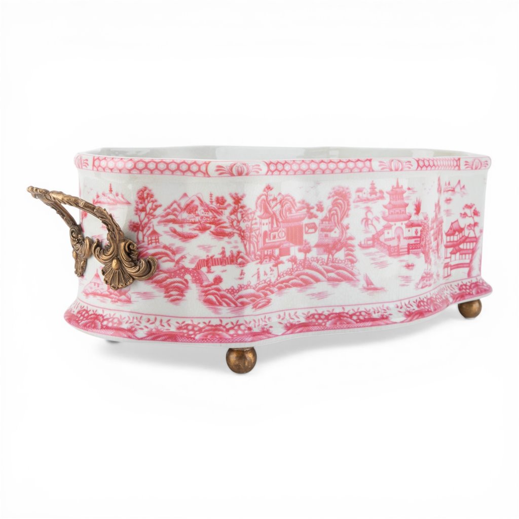 Danny's Fine Porcelain Porcelain Oval Basin with Ormolu Handles-Pink and White Willow