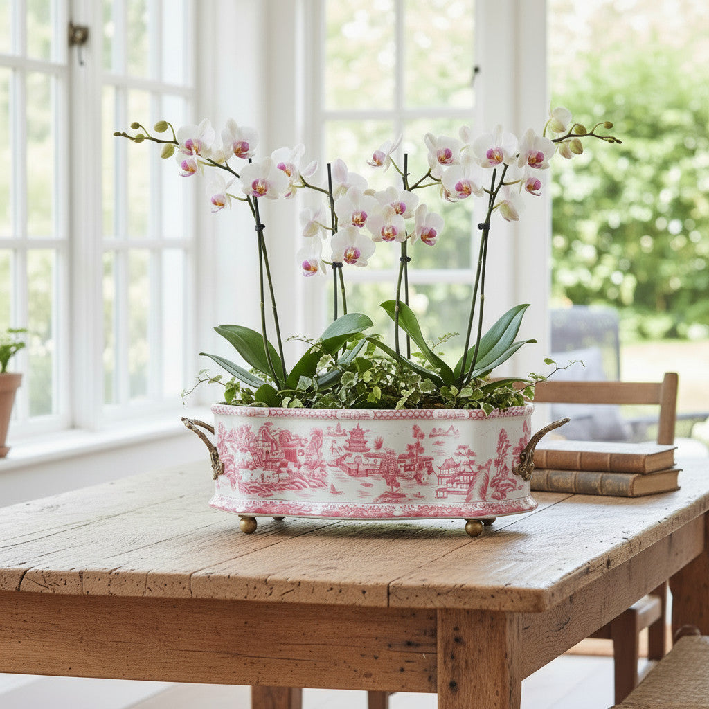 Danny's Fine Porcelain Porcelain Oval Basin with Ormolu Handles-Pink and White Willow