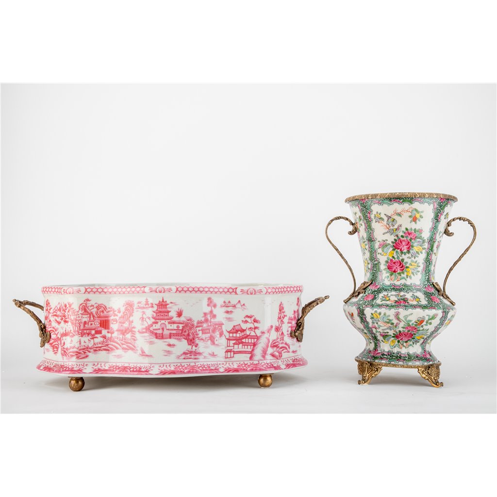 Danny's Fine Porcelain Porcelain Oval Basin with Ormolu Handles-Pink and White Willow