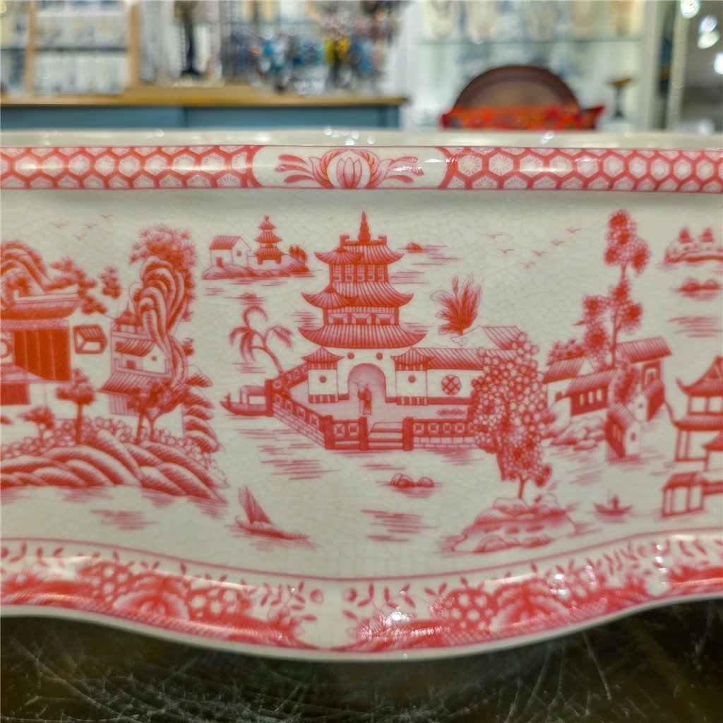 Danny's Fine Porcelain Porcelain Oval Basin with Ormolu Handles-Pink and White Willow