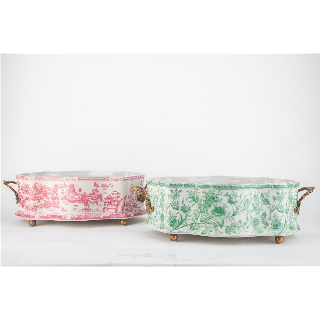 Danny's Fine Porcelain Porcelain Oval Basin with Ormolu Handles-Pink and White Willow