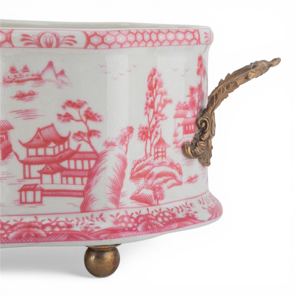 Danny's Fine Porcelain Porcelain Oval Basin with Ormolu Handles-Pink and White Willow