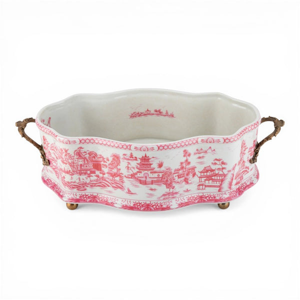 Danny's Fine Porcelain Porcelain Oval Basin with Ormolu Handles-Pink and White Willow