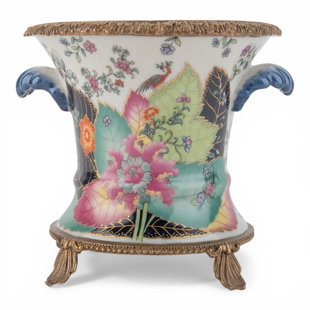 Danny's Fine Porcelain Porcelain Cachepot with Ormolu Base-Tobacco Leaf A Vibrant Porcelain Cachepot