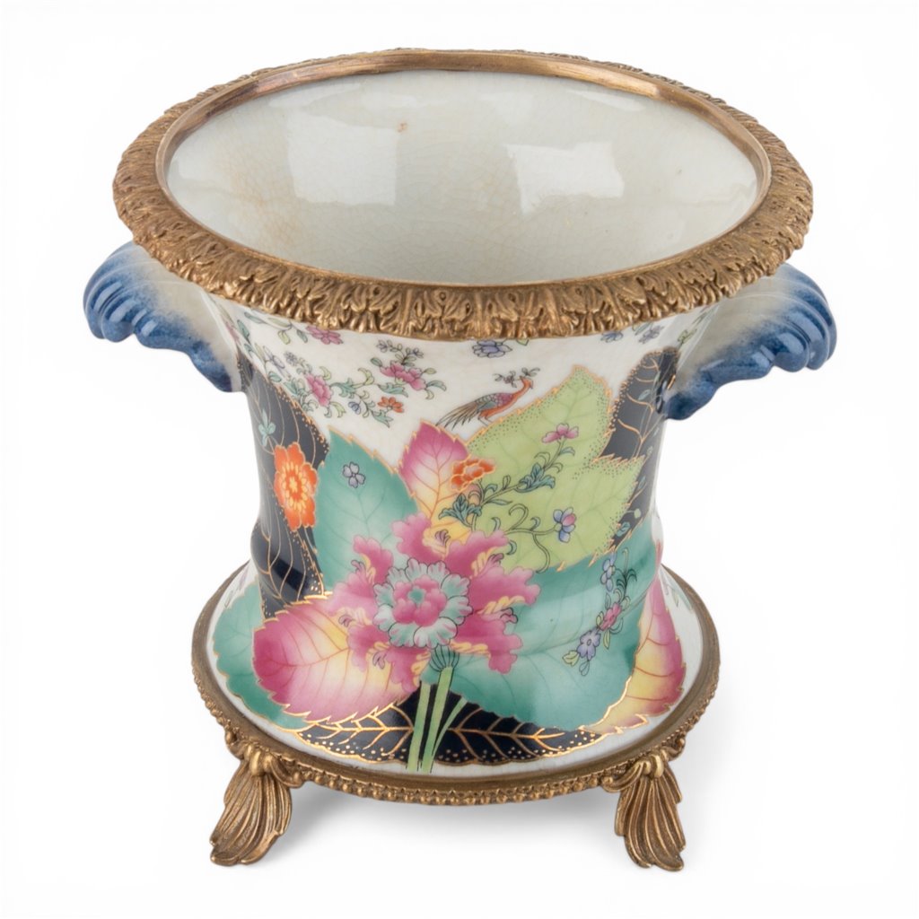 Danny's Fine Porcelain Porcelain Cachepot with Ormolu Base-Tobacco Leaf A Vibrant Porcelain Cachepot