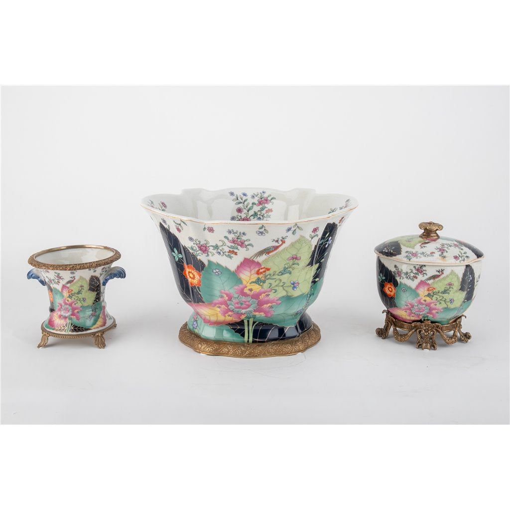Danny's Fine Porcelain Porcelain Cachepot with Ormolu Base-Tobacco Leaf A Vibrant Porcelain Cachepot
